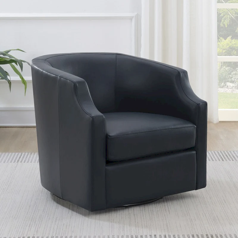Everette Midnight Blue Top Grain Leather Swivel Glider Barrel Chair by Greyson Living