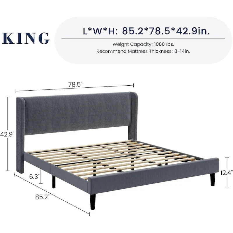 Upholstered Wingback Bed Frame with Velvet Headboard