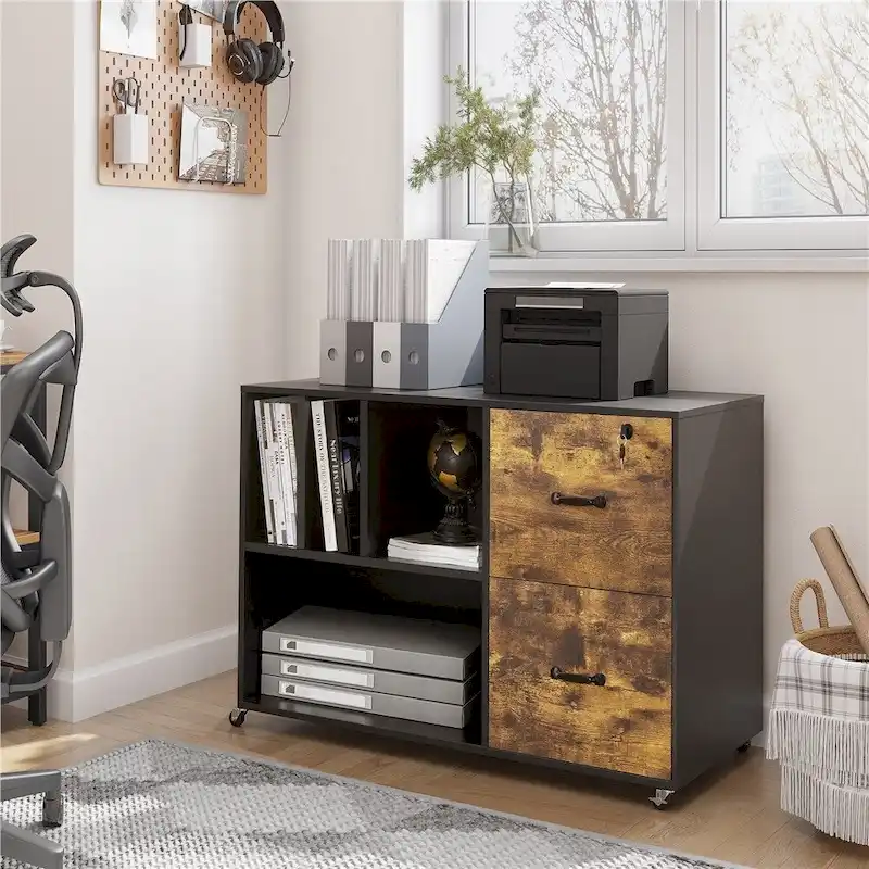 Rolling File Cabinet with 2 Drawers and 2 Open Shelves