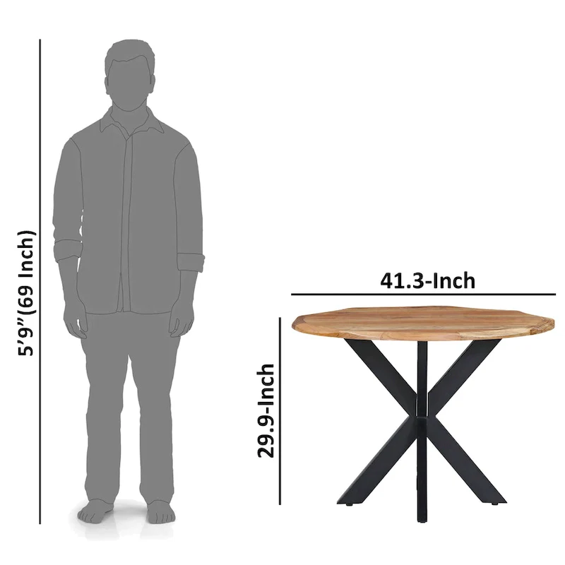 41-Inch Handcrafted Live-Edge Round Dining Table — Natural Brown Acacia Wood Top with Black Iron Legs