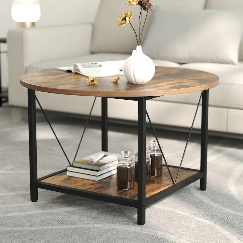 Industrial 2-Tier Round Coffee Table with Shelf