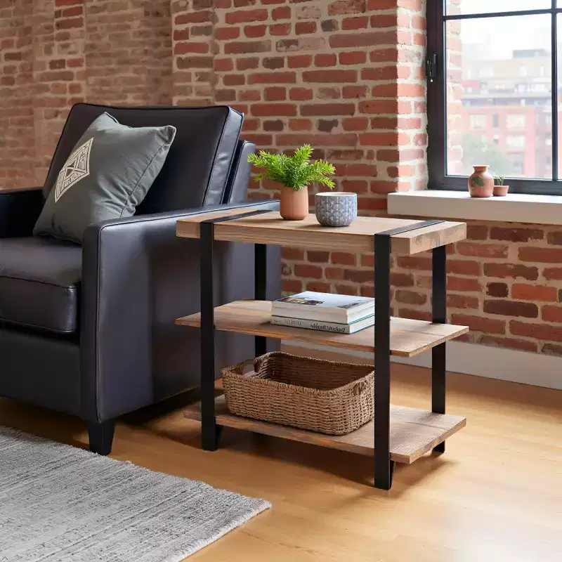27" Modesto Wide 2 Shelf End Table with Metal Strap, Wood - Alaterre Furniture: Rustic Industrial Design, Black Frame