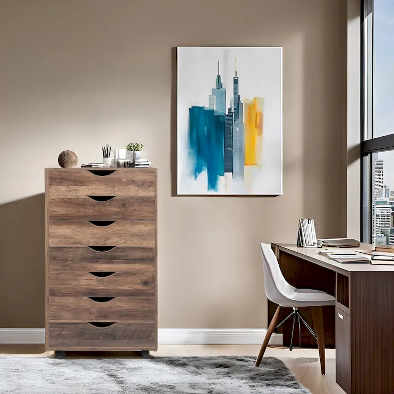 Grey / White / Black / Distressed Black / Vintage Oak / Gray Oak / Natural / Brown Oak / Rustic Brown 7-Drawer Rolling Storage Cabinet with Swivel Casters – Single Unit