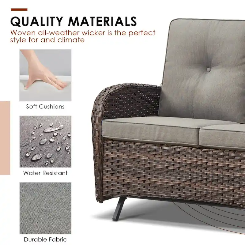 Patio Glider Loveseat Coffee Table, Swivel Chair and Ottomans - Brown