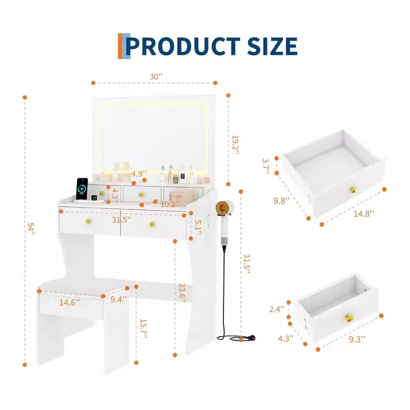 31.5-Inch Wide Vanity with Cushioned Stool - Dressing Table Featuring Power Outlet, Hair Dryer Holder & 5 Drawers