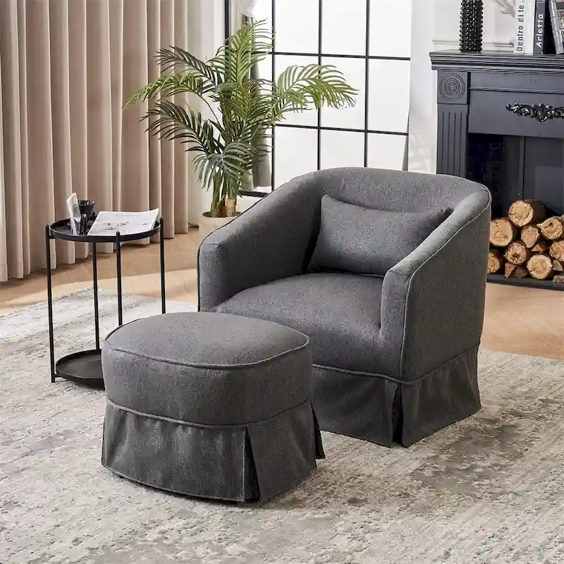 Swivel Barrel Chair with Ottoman and Black Metal Base
