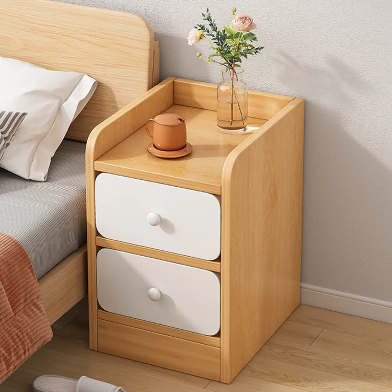 Simple White Natural Wood 2-Drawer Nightstand