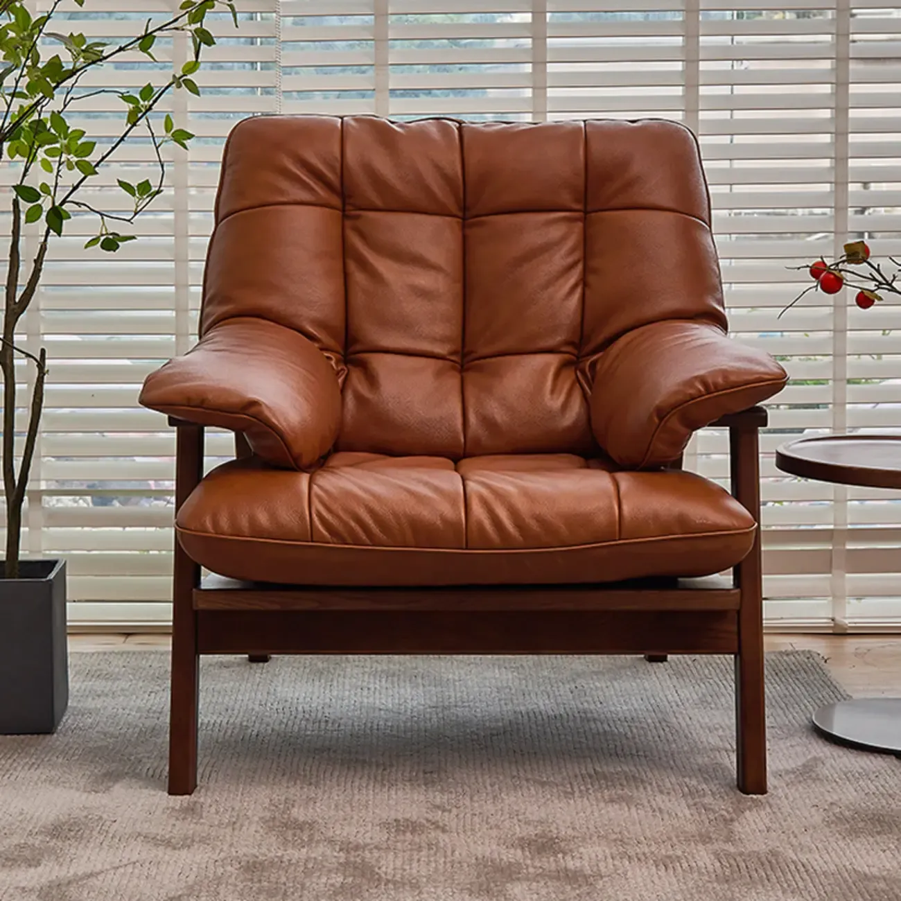 Brown Upholstered Genuine Leather Living Room Accent Chair