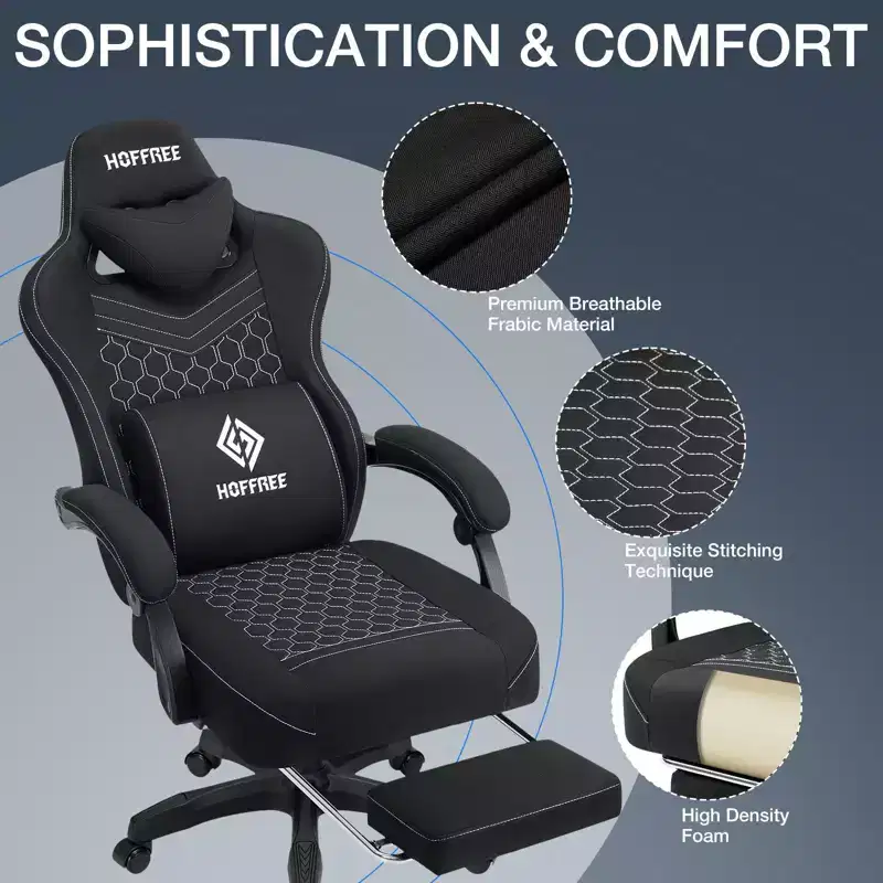 Hoffree Breathable Fabric Massage Gaming Chair Ergonomic Office PC Chair with Footrest & Adjustable