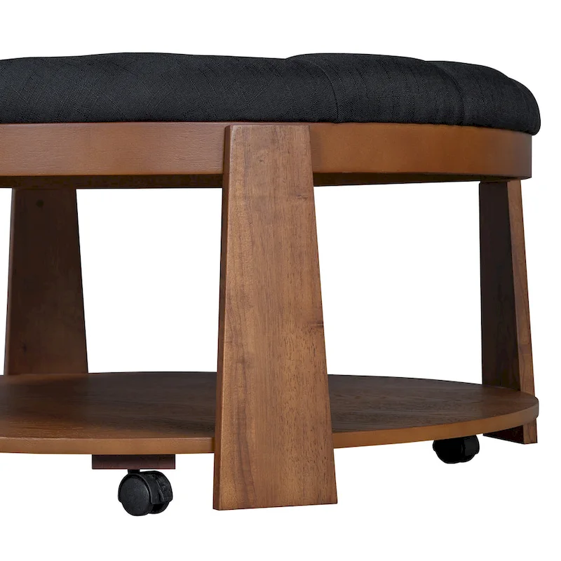 36  Round Button Tufted Upholstered Coffee Table with Wood Shelf and Wheel