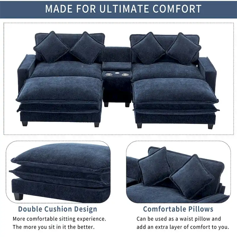 112.6 Chenille Upholstered Sectional Sofa with Two Removable Ottoman