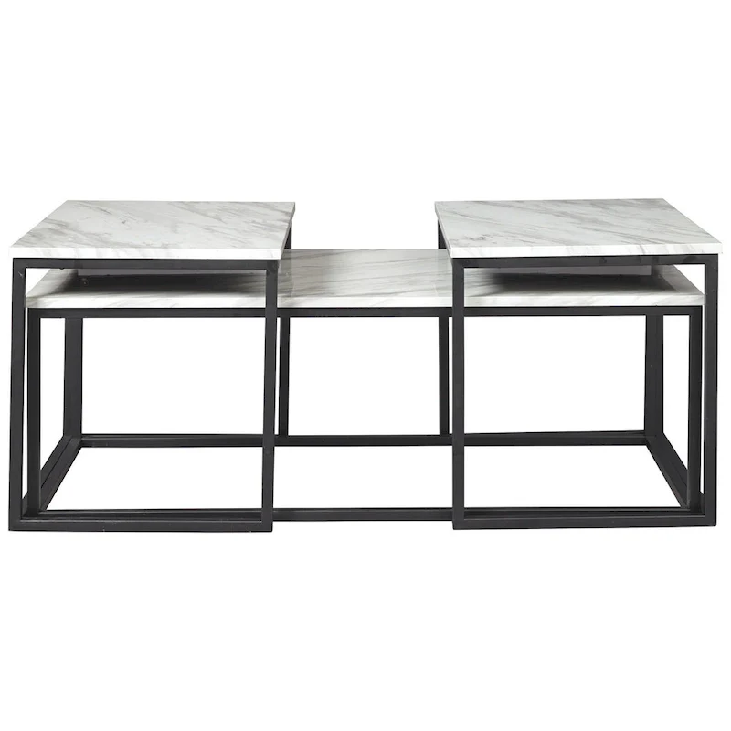 3 Piece Occasional Table, Metal Frame, Marble Top, White and Black