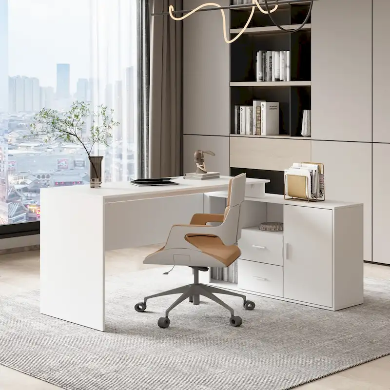 55" L-Shaped Corner Computer Desk with Drawers and Closed Cabinet – White, for 1 Person