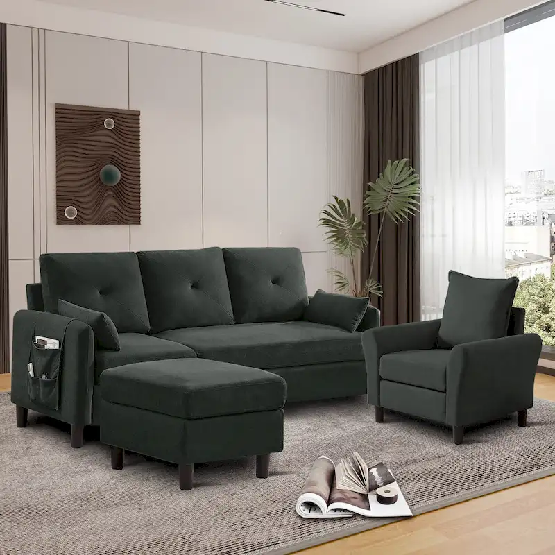 3-Pieces Sectional Sofa Set with Ottoman and Chair