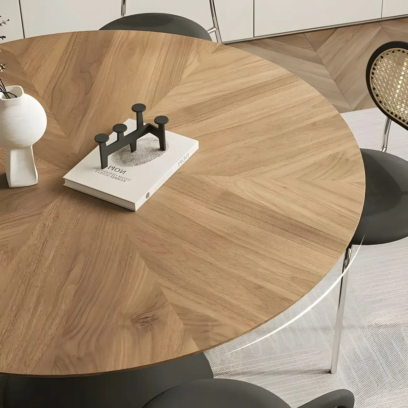 Brown Wood Round Dining Table with Black Metal Pedestal