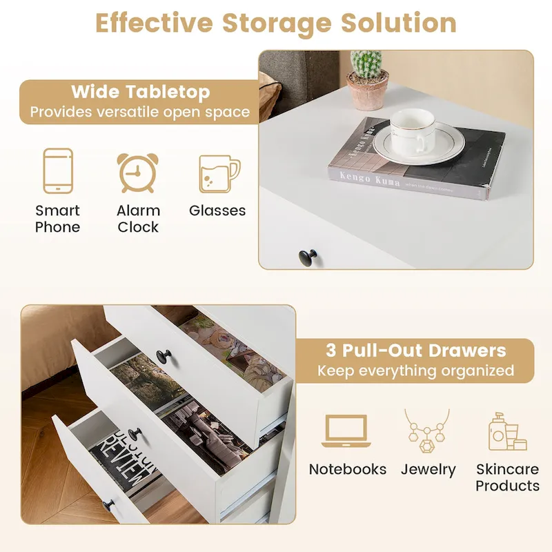 Gymax 3-Drawer Nightstand Wooden Bedside Table Modern Side End Table - See Details