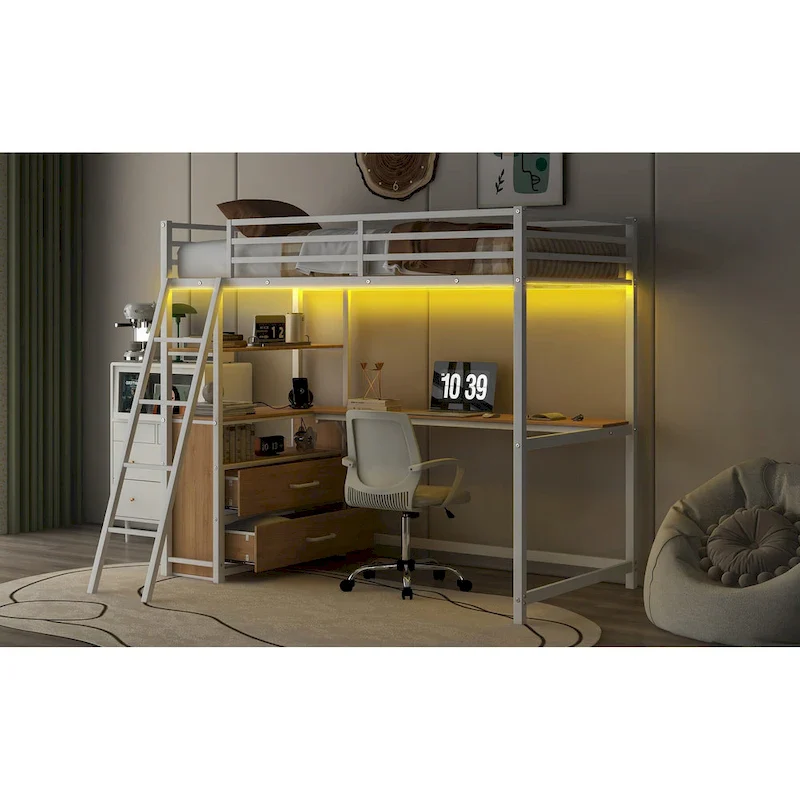 Twin Size Metal Wood Loft Bed with Desk and Shelves, Two Built-in Drawers, LED Light and USB Charging Station