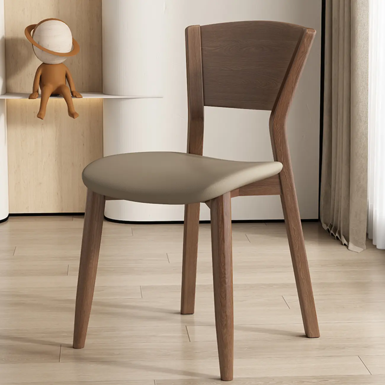 Simple Wooden Open Back Faux Leather Upholstered Dining Chair