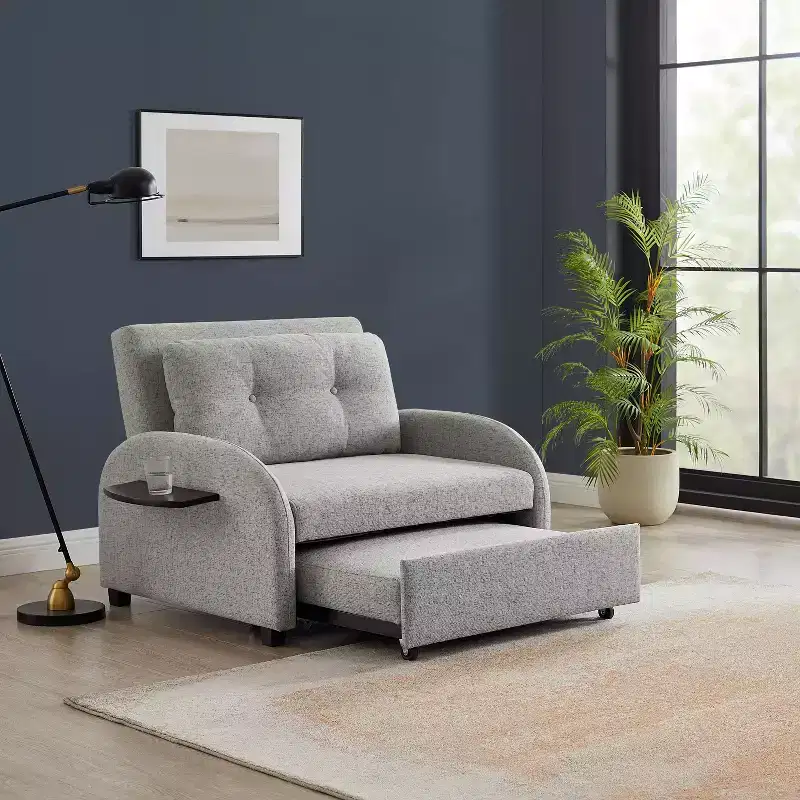 Twin Woven Polyester Fabric Black Wood Frame and Tray Table Convertible Bed Gray: Multifunctional Design, Easy Mobility