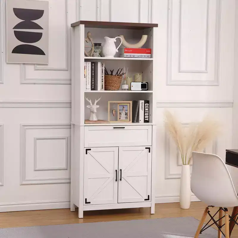 COZONY 72 Tall 6-Tier Farmhouse Bookshelf with Doors, Cabinet & Drawer  Wooden Bookcase with Adjustable Shelf for Living Room, Kitchen & Bedroom