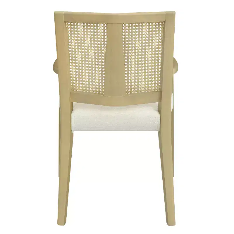 Beige/Dark Brown Upholstered Dining Arm Chairs with Rattan Back, Set of 2