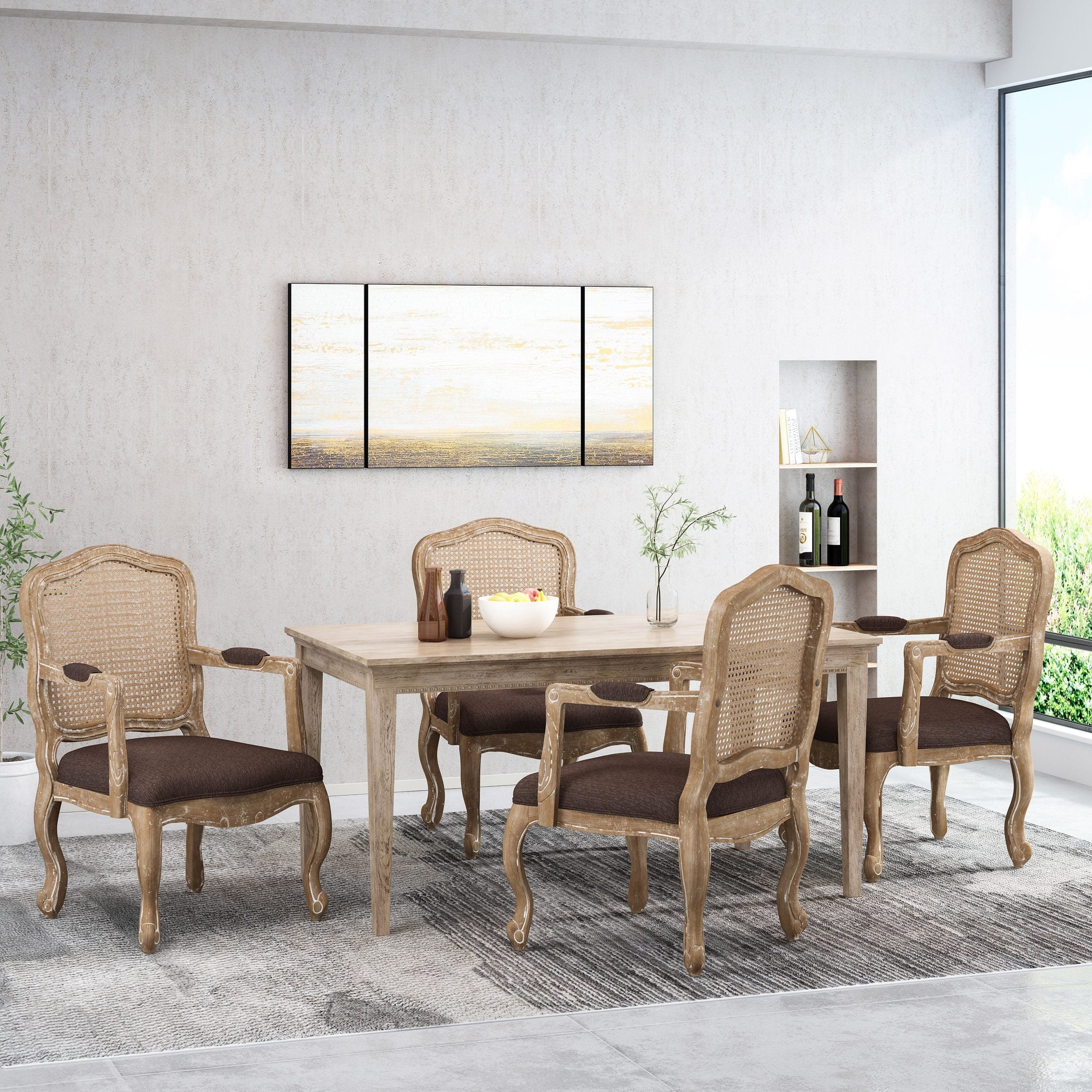 French Country Wood and Cane Upholstered Dining Armchair - NH542513