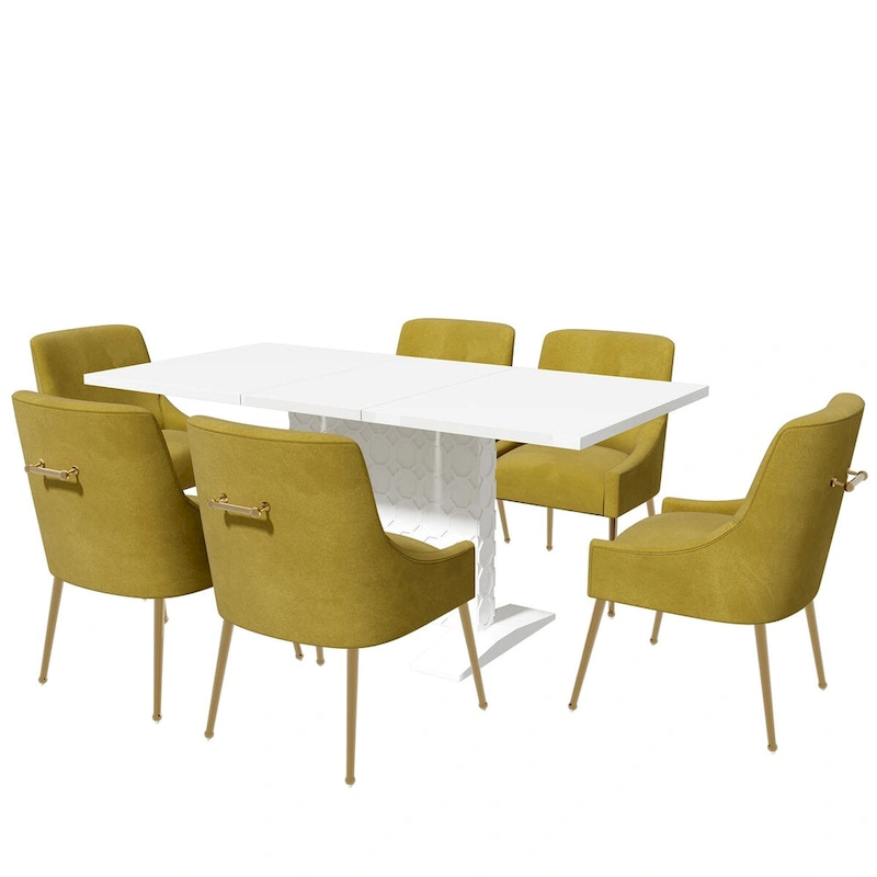 7-Piece Clihome High-gloss Extendable Table Velvet Chair Dining Set