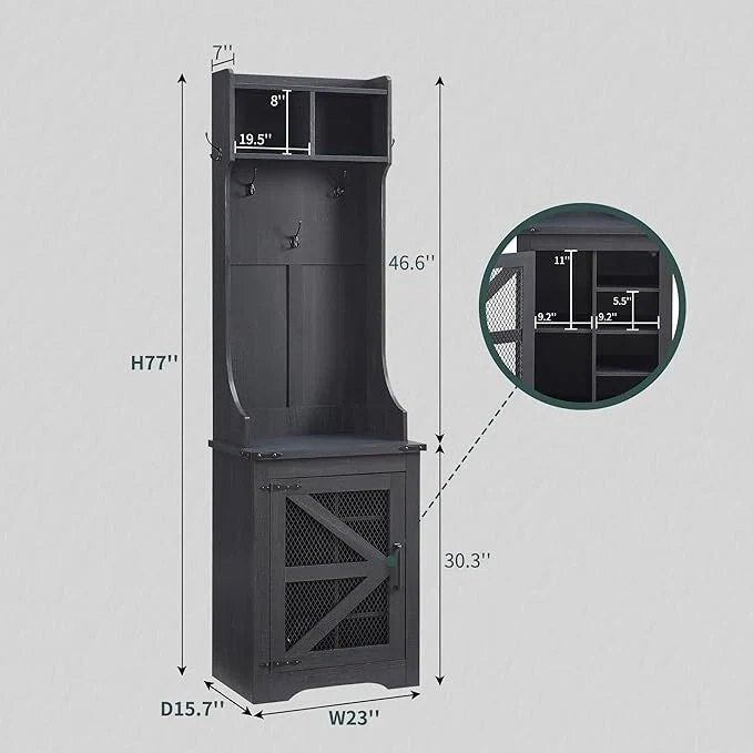 23 Wide Farmhouse Entryway Bench with Coat Rack, Hall Tree Cabinet