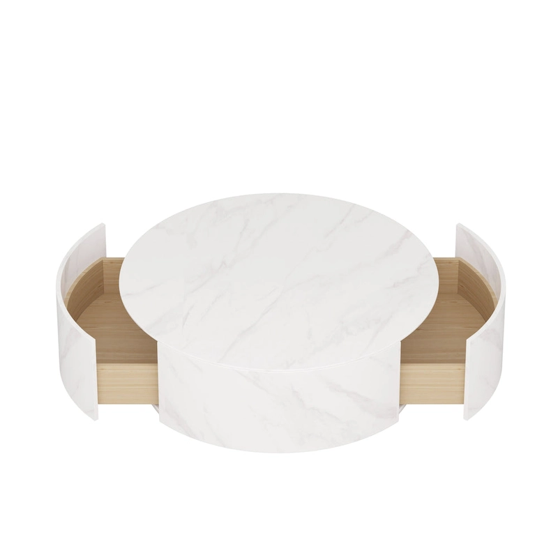 Modern Drum Coffee Table with Oak Veneer, Sintered Stone Coffee Table with 2 Solid Wood Drawers