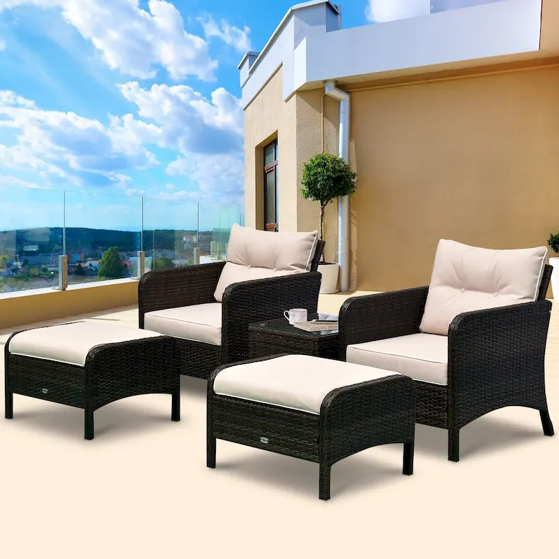 Outsunny 5-piece Wicker Patio Chairs, Ottomans, and Coffee Table Set