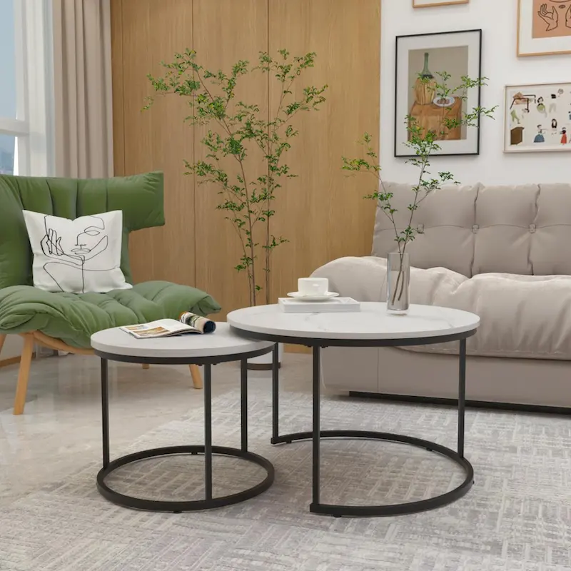 Nesting Coffee Table Set of 2, 27.6inch Round Coffee Table Wood Finish with Sturdy Metal Frame,End Table Side Tables