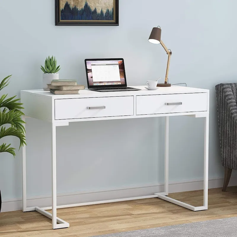 Small Desk with 2 Drawers, MDF Top & Gold Metal Frame, 39.37"W x 29.9"H, 220 lbs, White/Gold