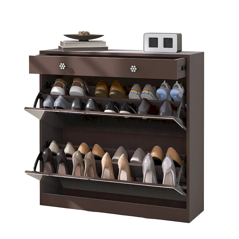 Mirror Shoe Cabinet with 2 Flip Drawers & Barn Door Design, Freestanding Shoe Cabinet Organizer with Drawer and Shelves