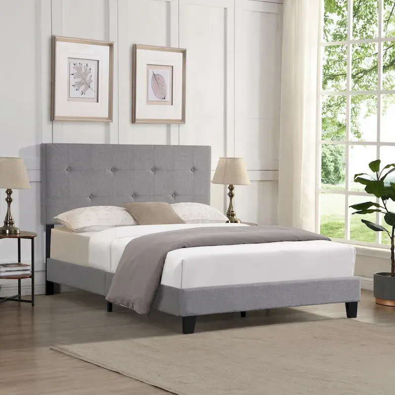 Grey Linen Upholstered Full Size Platform Bed with Pull Point Tufted Headboard, Strong Wood Slat Support, No Box Spring Needed