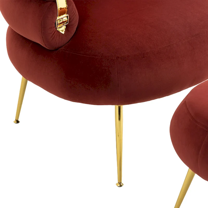 Wine Red Upholstered Barrel Chair with Ottoman and Metal Legs