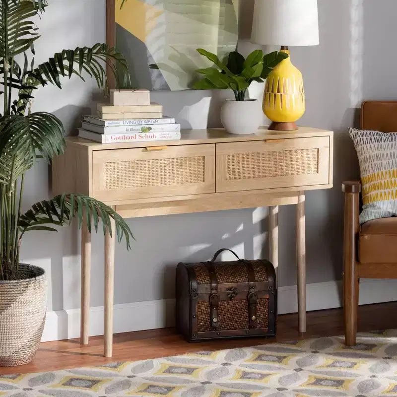 Baird Wood and Rattan 2 Drawer Console Table Brown - Baxton Studio: Gold Tone Handles, Bohemian Style