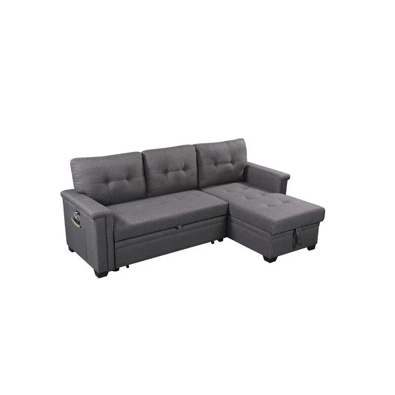 Ashlyn 84-inch Dark Gray Reversible Sleeper Sectional Sofa with Storage Chaise and USB Charging Ports - 84W x 54D x 35H