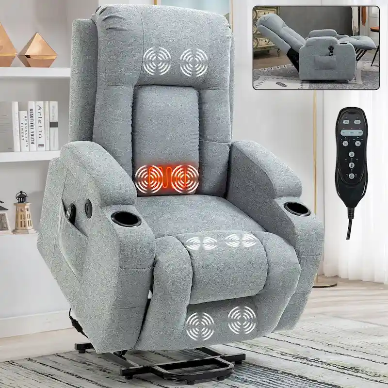 Power Lift Recliner with Massage, Lumbar Heating, USB Charging & Cup Holders, Modern Ergonomic Design