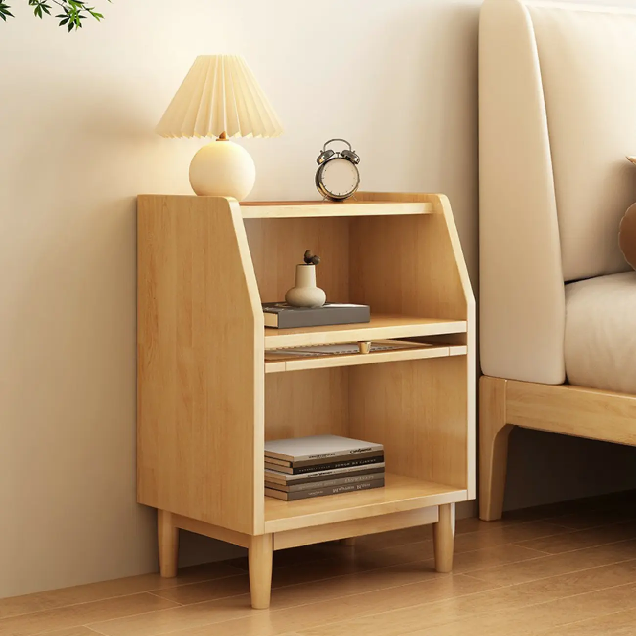 Scandinavian Natural Finish Flip-up Solid Wood Nightstand