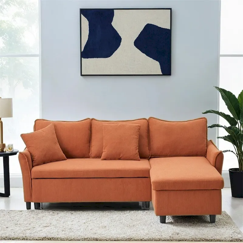 80 Corduroy L-Shaped Sofa Comes With Two Small Throw Pillows