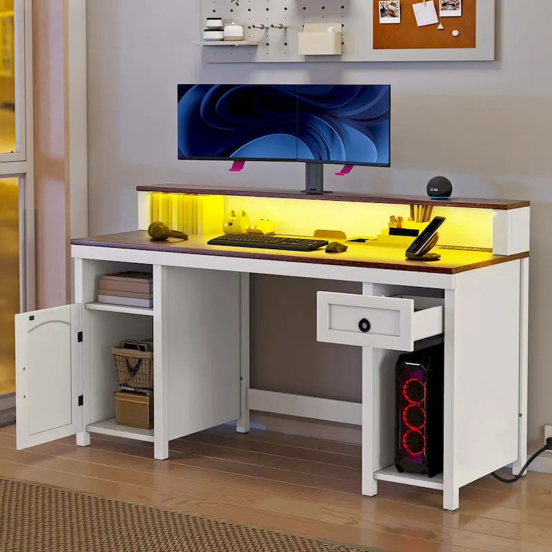 Farmhouse Wood Office Desk with Drawer and LED Strip & Power Outlets