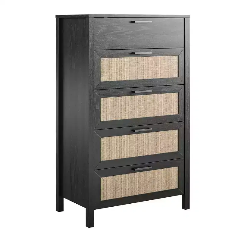 Brown Woodgrain Boho 5-Drawer Dresser with Rattan Inserts (2-Person Assembly)