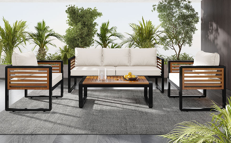Metal and Wood Frame 4-pieces Outdoor Furniture Sofa Set
