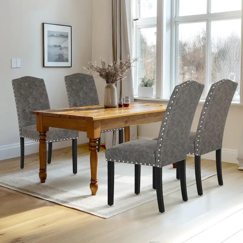 Set of 4 Upholstered Faux Leather/Fabric Dining Room Chairs with High Back and Solid Wood Legs
