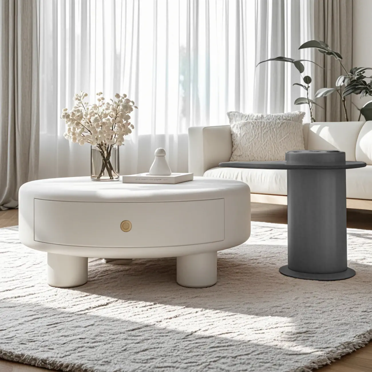 Cream Round Elegant Drawers Round Wood Coffee Table