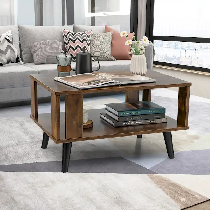 Wood Rectangle Coffee Table 2 Tier Tea Table with Open Storage Shelf