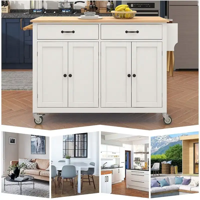 Kitchen Island Cart with Solid Wood Top, Locking Wheels, Spice & Towel Rack