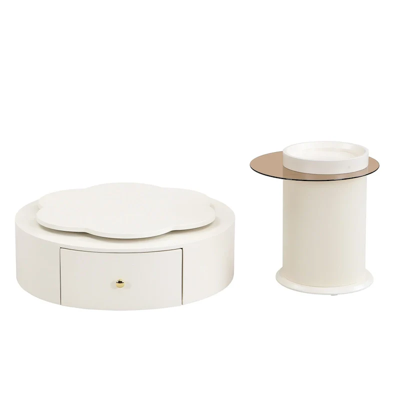 Modern Round Coffee Table Set of 2, 360-Degree Rotatable Flower-shaped Top with 2 Drawers, Top Circle Side Table with Glass