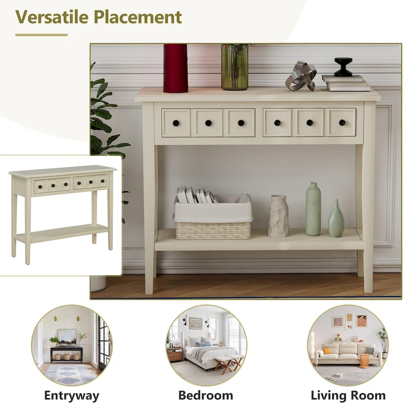 38.2 Rustic Console Table with Open Shelf and Three Drawers, Rubber Wood Legs