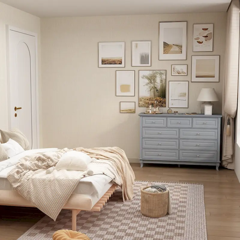 9-Drawer Dresser with Solid Wood Legs Chest Of Drawers Lacquer Console